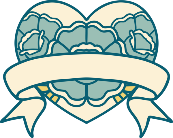 İkonik dövme stili bir kalp ve bir insan tarafından çizilmiş çiçekli pankart.