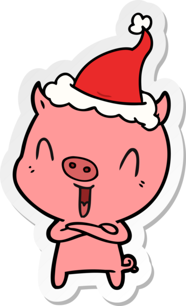 Bir insan tarafından çizilmiş Noel Baba şapkası takan bir domuzun mutlu el çizimi karikatürü.