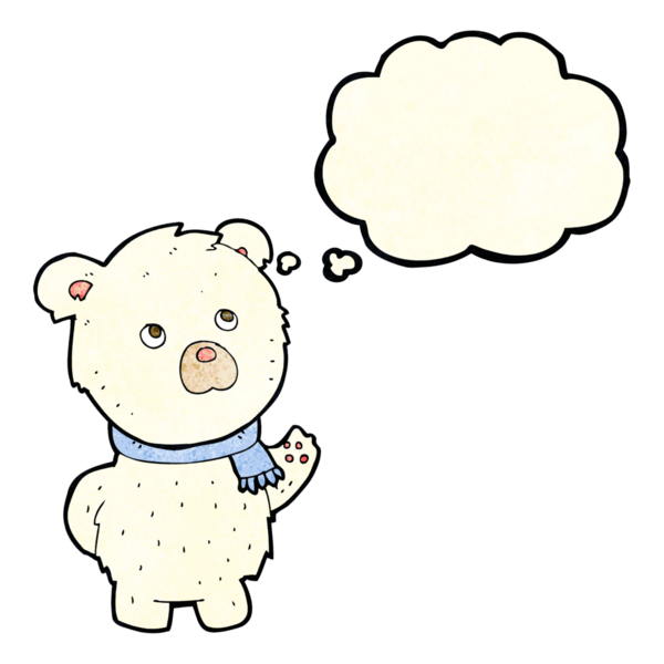 Bir insan tarafından çizilmiş düşünce baloncuklu şirin kutup ayısı.