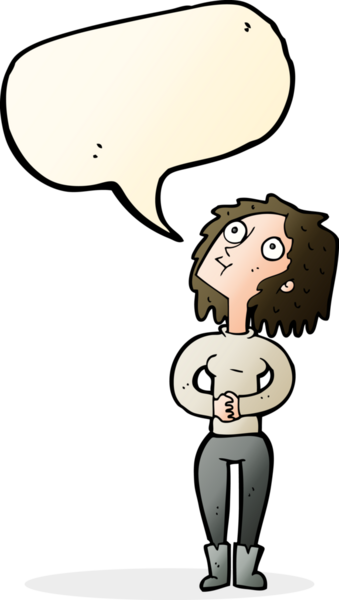 Bir insan tarafından çizilmiş bir konuşma balonuyla yukarı bakan çizgi film kadını.