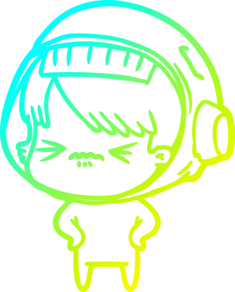 Bir insan tarafından çizilmiş kalçasında elleri olan kızgın bir uzay kızının soğuk çizgi çizimi.