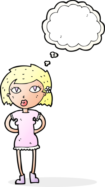 Bir insan tarafından çizilmiş düşünce baloncuğu olan çizgi film kadını.