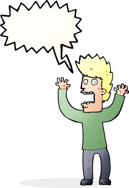 Bir insan tarafından çizilmiş, konuşma balonuyla dehşete düşmüş bir adam.