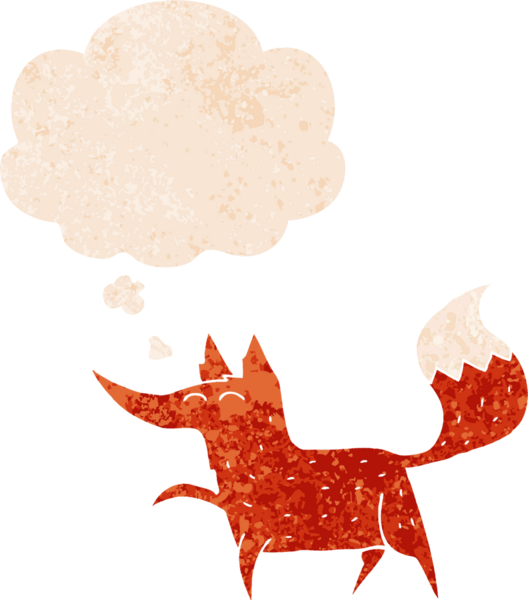 Düşünce baloncuğu ile çizgi film tilkisi grunge sıkıntılı retro dokuma bir insan tarafından çizilmiş