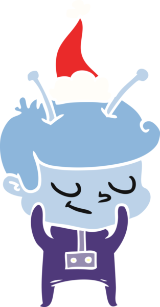 Utangaç el çizimi düz renk çizimi. Bir insan tarafından çizilmiş Noel Baba şapkası giyen bir uzay adamı.