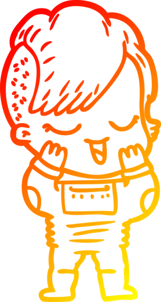 Bir insan tarafından çizilmiş uzay giysisi içinde mutlu bir çizgi film kızı çizimi.