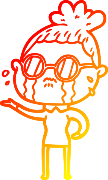 Bir insan tarafından çizilmiş gözlüklü, ağlayan bir kadının çizgi film çizimi.