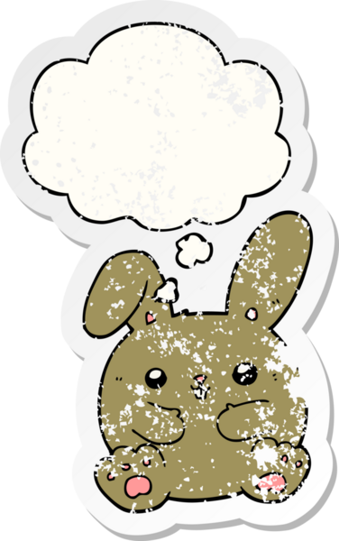Düşünce baloncuğu olan çizgi film tavşanı insan tarafından çizilmiş yıpranmış bir çıkartma.