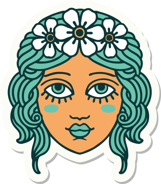 Bir insan tarafından çizilmiş çiçek desenli geleneksel kadın yüzü stili dövme çıkartması.