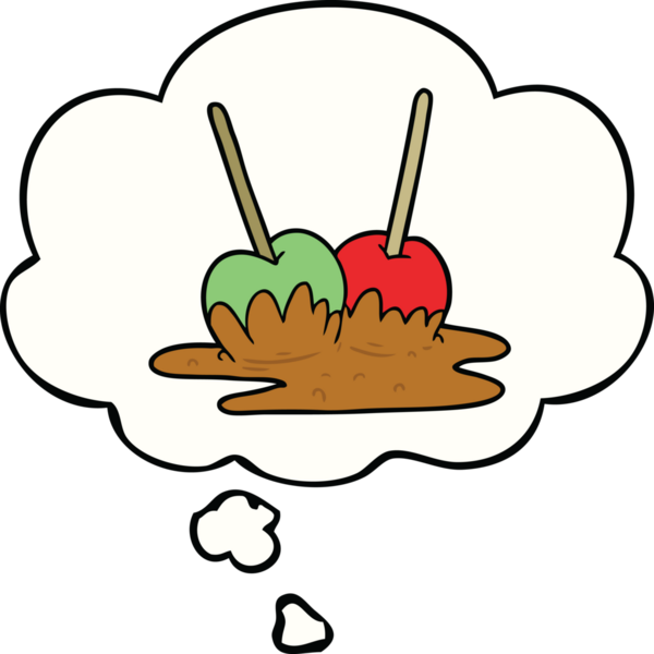 Bir insan tarafından çizilmiş düşünce balonlu karamelli elmalar.