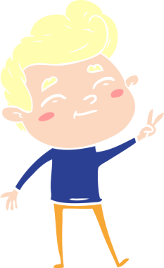 Mutlu düz renkli çizgi film karakteri bir insan tarafından çizilmiş barış işareti veriyor.