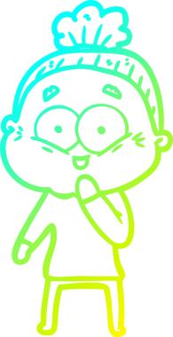 Bir insan tarafından çizilmiş, mutlu, yaşlı bir kadının çizimi.