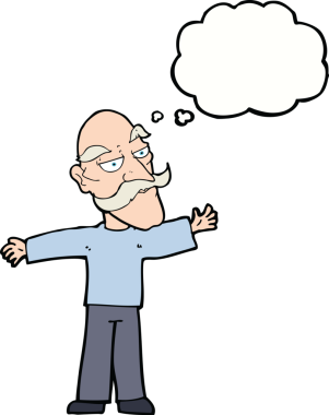 Bir insan tarafından çizilmiş düşünce baloncuğuyla kollarını açan yaşlı adam çizgi filmi.
