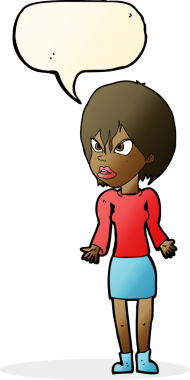 Bir insan tarafından çizilmiş konuşma baloncuğuyla rahatsız bir kadın.