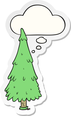 Düşünce baloncuğu insan tarafından çizilmiş bir çıkartma olan karikatür Noel ağacı.