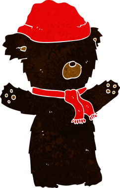 Bir insan tarafından çizilmiş şapkalı ve atkılı şirin siyah ayı.