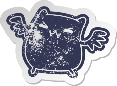 Bir insan tarafından çizilmiş kawaii şirin bir yarasanın sıkıntılı eski çizgi film çıkartması.