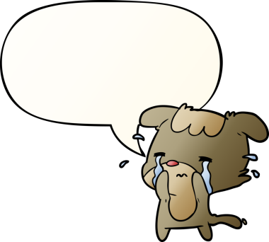 karikatür üzgün köpek konuşma baloncuğuyla bir insan tarafından çizilmiş yumuşak bir gradyan tarzda ağlıyor