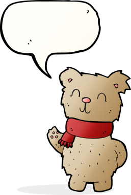 Bir insan tarafından çizilmiş konuşma balonlu oyuncak ayıyı sallayan çizgi film.