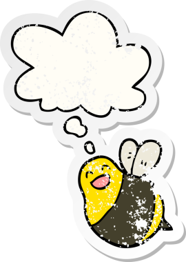 Düşünce baloncuğu olan çizgi film arısı insan tarafından çizilmiş yıpranmış bir çıkartma.