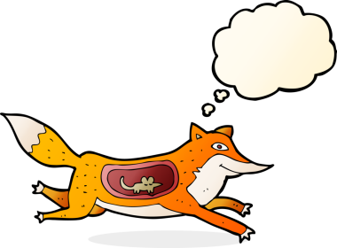 Bir insan tarafından çizilmiş, göbeğinde fare olan çizgi film tilkisi.