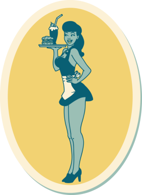 Bir insan tarafından çizilmiş bir garsonun geleneksel stiliyle dövme çıkartması.