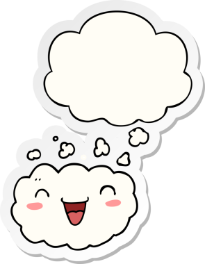 Mutlu karikatür bulutu. Düşünce baloncuğu insan tarafından çizilmiş bir çıkartma.