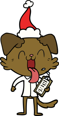 Bir insan tarafından çizilmiş Noel Baba şapkası giymiş nefes nefese bir köpeğin çizimi.