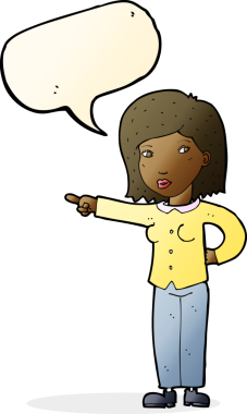 Bir insan tarafından çizilmiş bir konuşma balonuyla işaret eden çizgi film kadını.