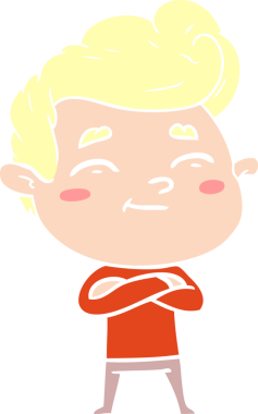 Bir insan tarafından çizilmiş mutlu düz renkli karikatür adam.