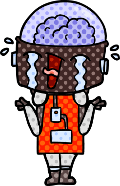 Çizgi film ağlayan robot omuz silkiyor Bir insan tarafından çizilmiş kafa karışıklığı içinde