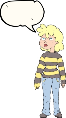 Bir insan tarafından çizilmiş günlük giysiler içindeki serbest konuşma balonu karikatürü kadın.