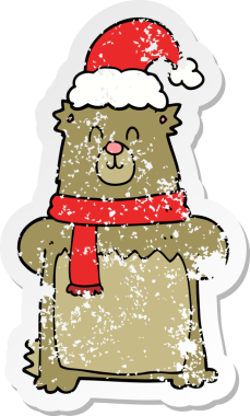 Bir insan tarafından çizilmiş Noel şapkası giyen bir ayının sıkıntılı çıkartması.