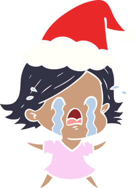 Bir insanın çizdiği Noel Baba şapkasıyla ağlayan bir kadının el resmi.