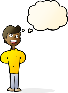 Bir insan tarafından çizilmiş düşünce balonlu mutlu adam çizgi filmi.