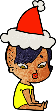 Bir insan tarafından çizilmiş Noel Baba şapkası giymiş şaşırmış bir kızın el çizimi karikatürü.