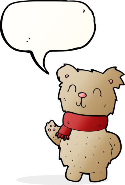 Bir insan tarafından çizilmiş konuşma balonlu oyuncak ayıyı sallayan çizgi film.