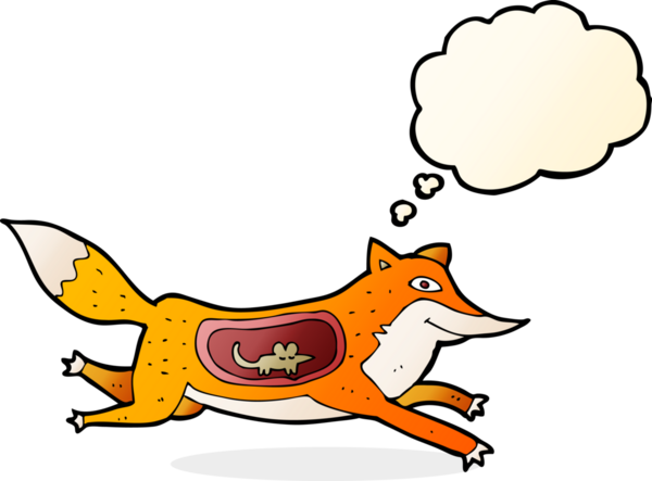 Bir insan tarafından çizilmiş, göbeğinde fare olan çizgi film tilkisi.