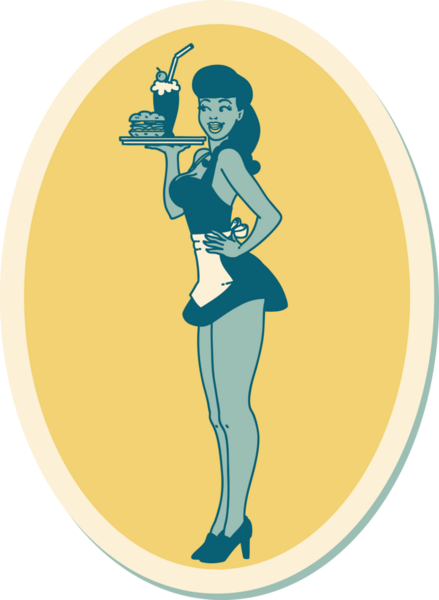 Bir insan tarafından çizilmiş bir garsonun geleneksel stiliyle dövme çıkartması.