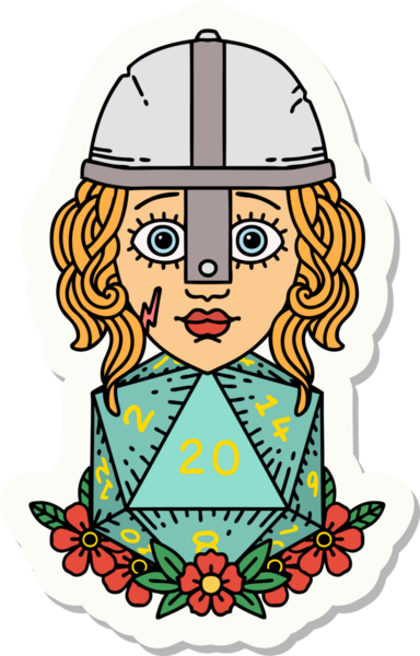 İnsan dövüşçüsünün çıkartması. Bir insan tarafından çizilmiş 20 D20 zarlı.