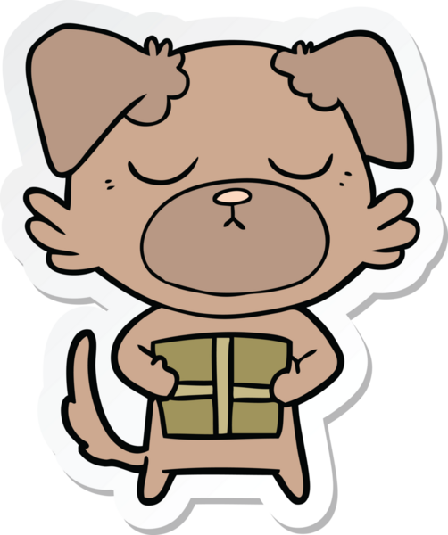 Bir insan tarafından çizilmiş Noel hediyeli şirin bir köpeğin çıkartması.