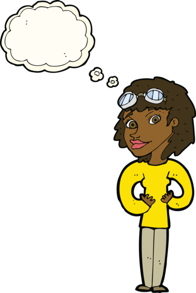 Bir insan tarafından çizilmiş düşünce balonlu bir havacı kadın.