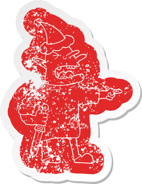 Bir insan tarafından çizilmiş noel baba şapkası takan bıçaklı bir goblinin garip karikatürü.