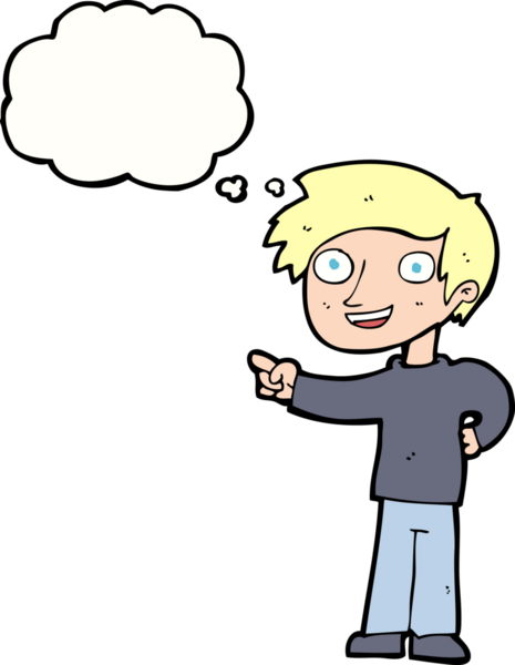 Bir insan tarafından çizilen düşünce baloncuğuyla işaret eden çizgi film adamı.