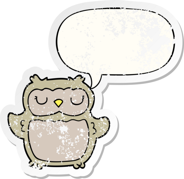 Konuşma baloncuğu olan çizgi film baykuşu bir insan tarafından çizilmiş sıkıntılı eski bir çıkartma