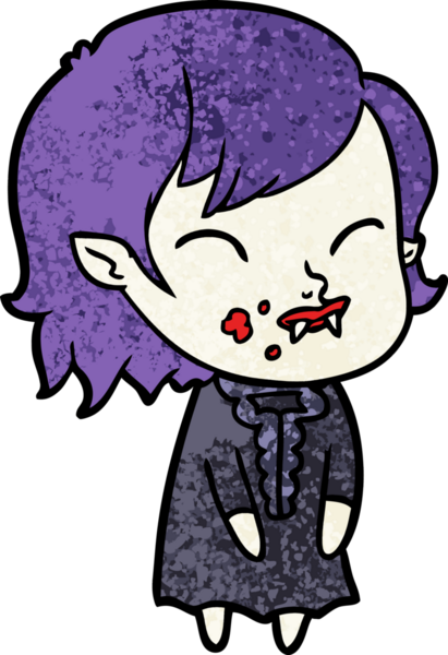 Bir insan tarafından çizilmiş yanağında kan olan vampir kız çizgi filmi.