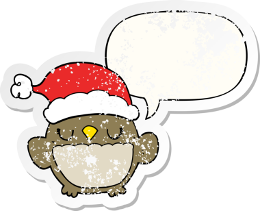 Tatlı noel baykuşu, konuşma baloncuğu, bir insan tarafından çizilmiş sıkıntılı eski bir çıkartma.