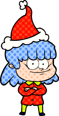 Bir insan tarafından çizilmiş Noel Baba şapkası takan gülümseyen bir kadının el çizimi çizgi roman çizimi.