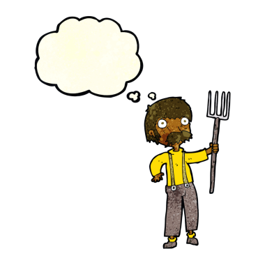 Bir insan tarafından çizilmiş düşünce baloncuklu dirgenli çizgi film çiftçisi.