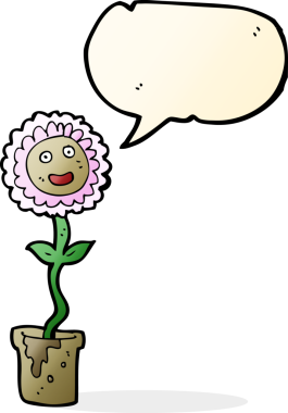 Bir insan tarafından çizilmiş, yüzü konuşma baloncuğu olan karikatür çiçeği.